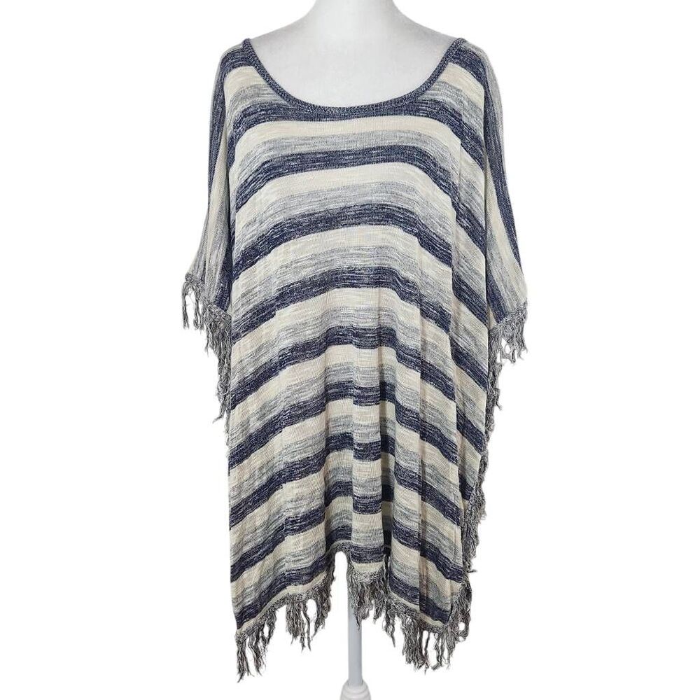 Say What? Navy and Gray Striped Poncho with Fringe Hemline NWOT One Size